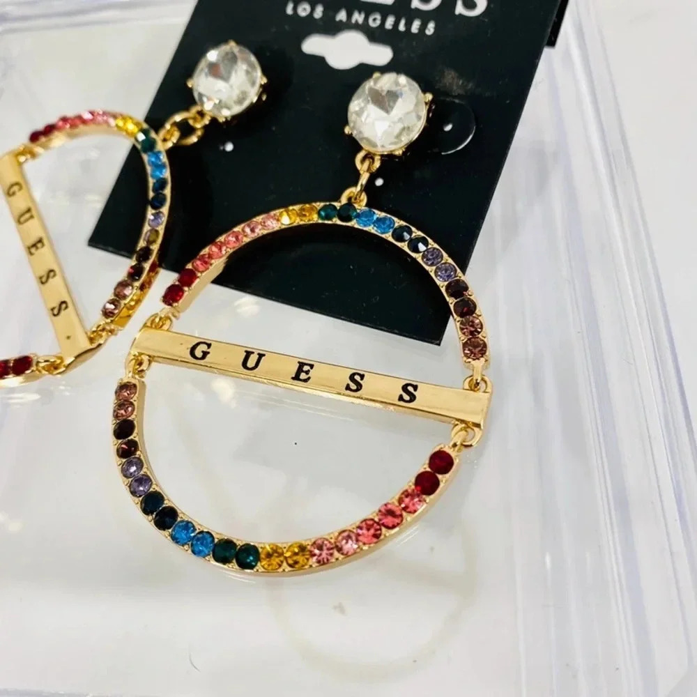 🆕 Guess Rainbow Crystal Dangle Earrings with Logo - Picture 5 of 5